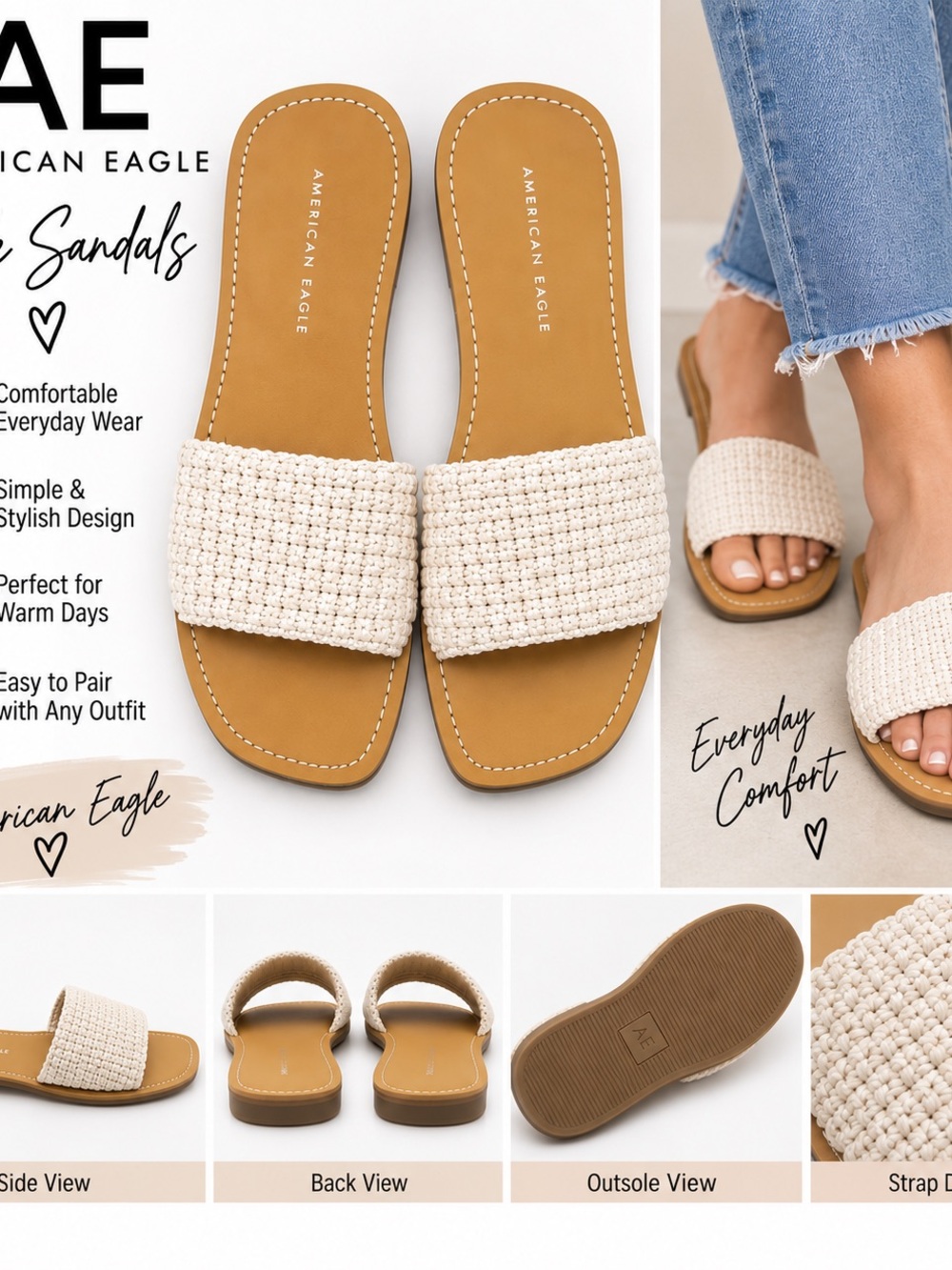 American Eagle Outfitters Cream Woven Slide Sandals with Tan Footbed
